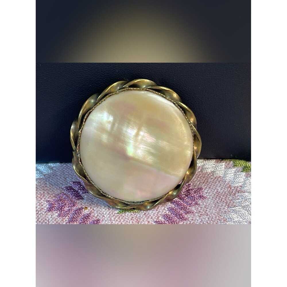 Antique Mother of Pearl Brass Scroll Framed Brooch